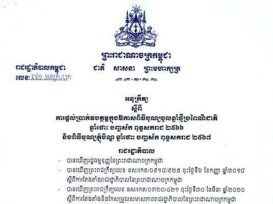 អនុក្រឹត្យលេខ ៧១ អនក្រ-បក ស្តីពីផ្តល់ប្រាក់ឧបត្ថម្ភក្នុងឱកាសបុណ្យចូលឆ្នាំប្រពៃណីជាតិ និងពិធីបុណ្យភ្ជុំបិណ្ឌ ឆ្នាំ២០២៣